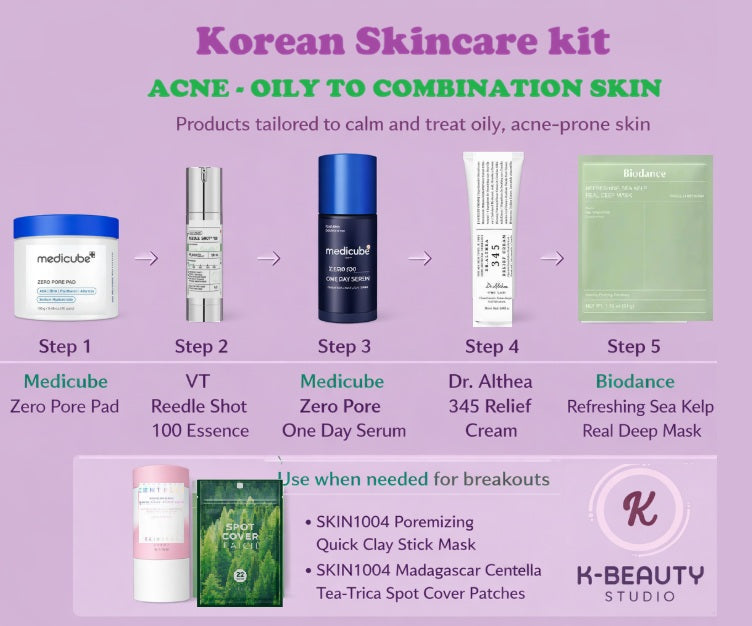 Korean Skincare Kit - Acne prone, Oily skin + FREE COSMETIC BAG 💜 - K-Beauty Studio